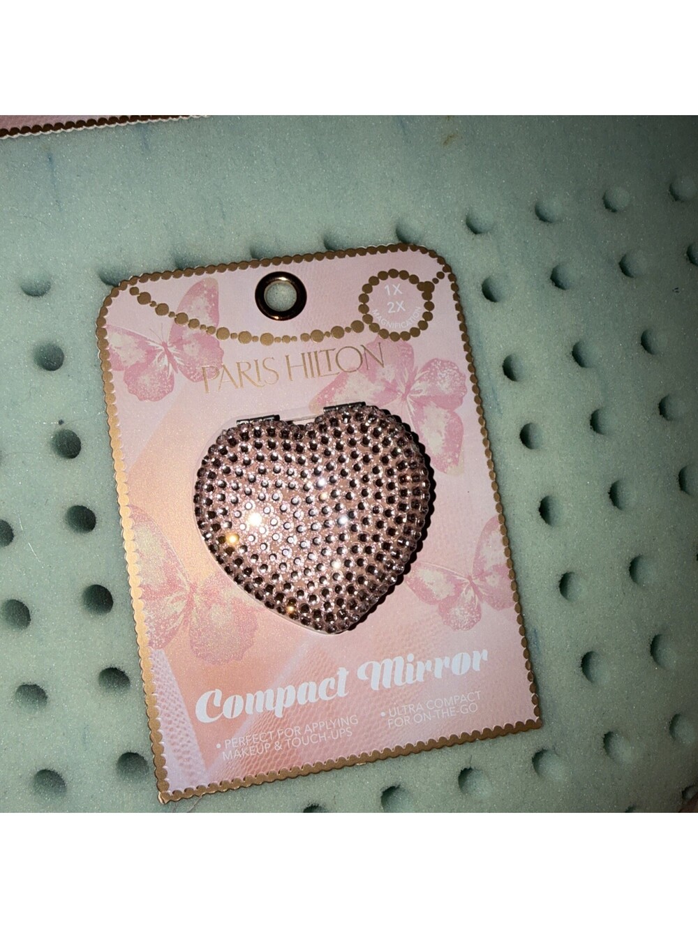 {Paris Hilton} Pink Rhinestone Heart Shaped Compact Mirror